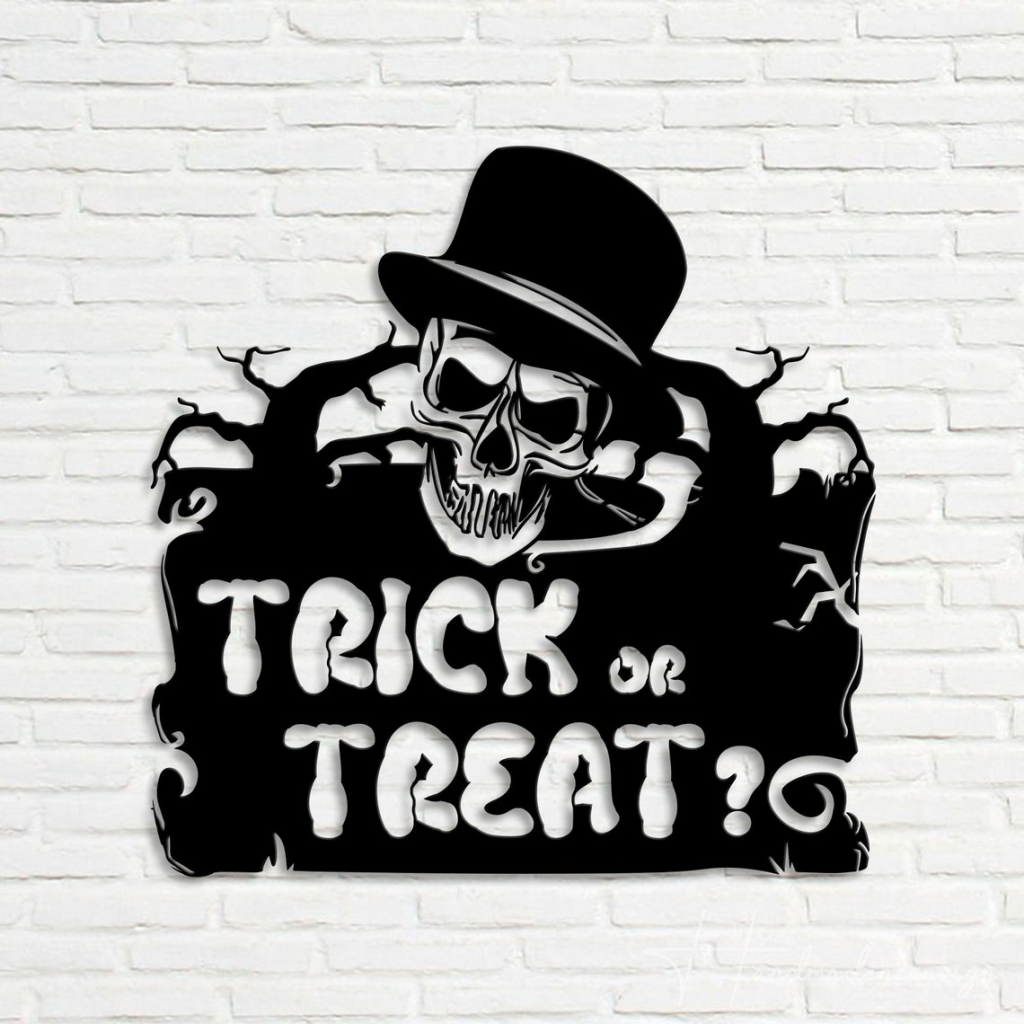 Trick or Treat Skull Metal Sign Horror Ghost Signs Halloween Decoration for Home 1