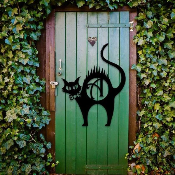 Personalized Scaredy Black Cat Metal Sign Monogram Signs Halloween Decoration for Home