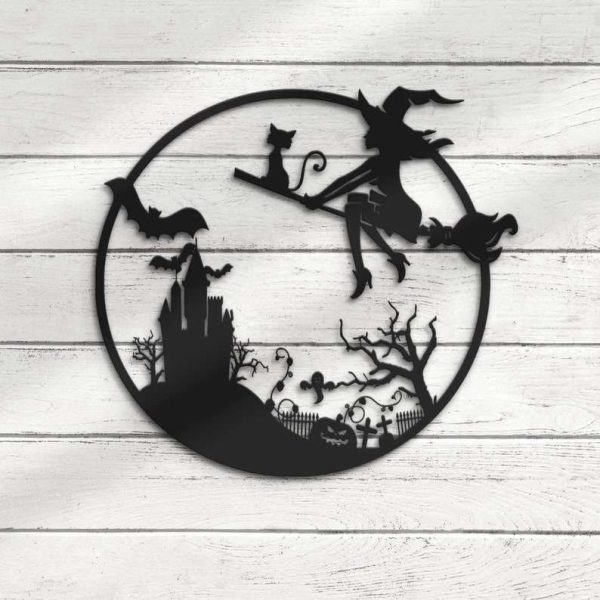 Girl Witch and Cat Metal Sign Witch Signs Halloween Decoration for Home