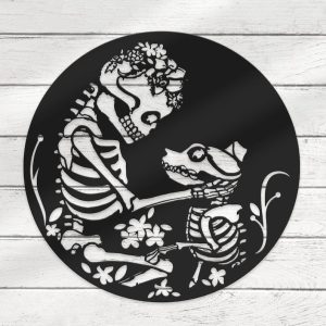 Funny Floral Women Skeleton With Dog Metal Wall Art Halloween Decoration for Home