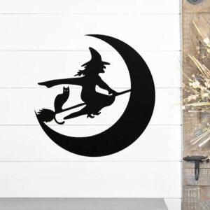 Flying Witch With Cat Metal Sign Welcome Halloween Decoration for Home