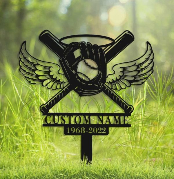 Baseball Glooves and Baseball Bat with Wings Grave Marker Metal Garden Stakes Baseball Player Memorial Gifts Sympathy Gifts for Loss of Loved One