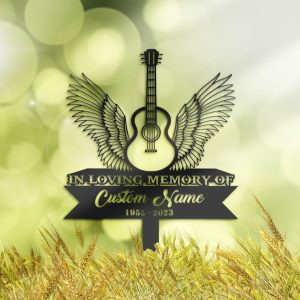 Acoustic Guitar Angel Wings Grave Marker Metal Garden Stakes Guitar Player Memorial Gifts Sympathy Gifts for Loss of Loved One