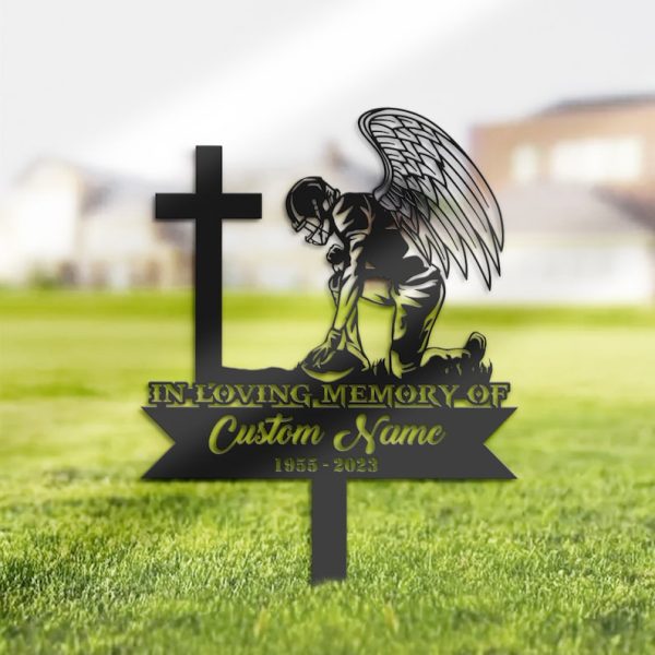 Football Player Kneel at Cross Grave Marker Metal Garden Stakes Football Player Memorial Gifts Sympathy Gifts for Loss of Loved One