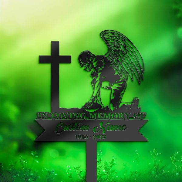 Football Player Kneel at Cross Grave Marker Metal Garden Stakes Football Player Memorial Gifts Sympathy Gifts for Loss of Loved One