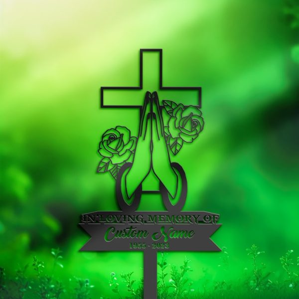 Cross with Praying Hand Grave Marker Metal Garden Stakes Memorial Gifts Sympathy Gifts for Loss of Loved One
