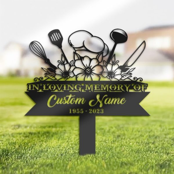 DINOZOZO Personalized Memorial Stake Cook Chef Grave Marker Cook Chef Sympathy Gifts Custom Metal Signs