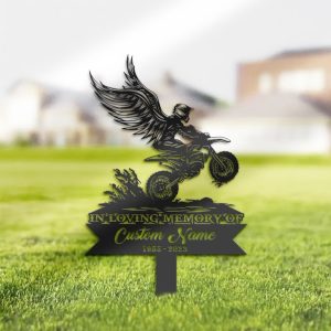DINOZOZO Personalized Memorial Stake Dirtbike Motocross Biker Grave Marker Biker Sympathy Gifts Custom Metal Signs 3