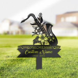 DINOZOZO Personalized Memorial Stake Floral Saxophone Jazz Player Grave Marker Jazz Player Sympathy Gifts Custom Metal Signs2