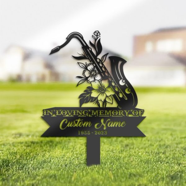 DINOZOZO Personalized Memorial Stake Floral Saxophone Jazz Player Grave Marker Jazz Player Sympathy Gifts Custom Metal Signs