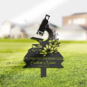 DINOZOZO Personalized Memorial Stake Microscope with Flower Scientist Grave Marker Scientist Sympathy Gifts Custom Metal Signs2