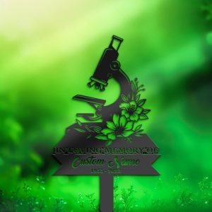 DINOZOZO Personalized Memorial Stake Microscope with Flower Scientist Grave Marker Scientist Sympathy Gifts Custom Metal Signs