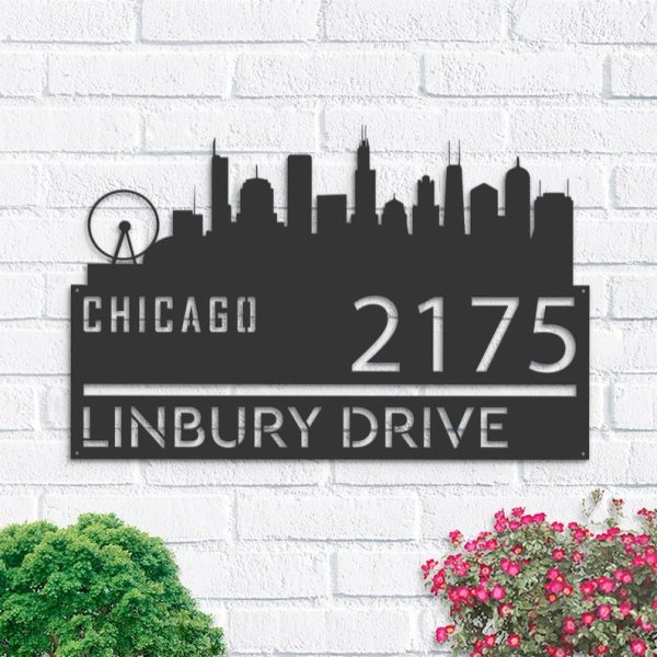 Personalized Chicago City Skyline Metal Address Sign House Number Plaque Realtor Closing Gift Custom Metal Sign