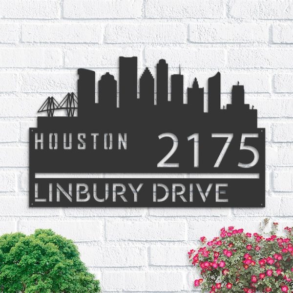 Personalized Houston City Skyline Metal Address Sign House Number Plaque Realtor Closing Gift Custom Metal Sign