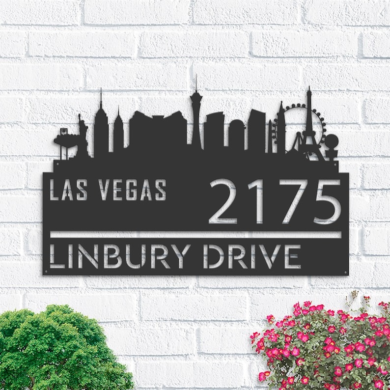 Personalized Las Vegas City Skyline Metal Address Sign House Number Plaque Realtor Closing Gift Custom Metal Sign1