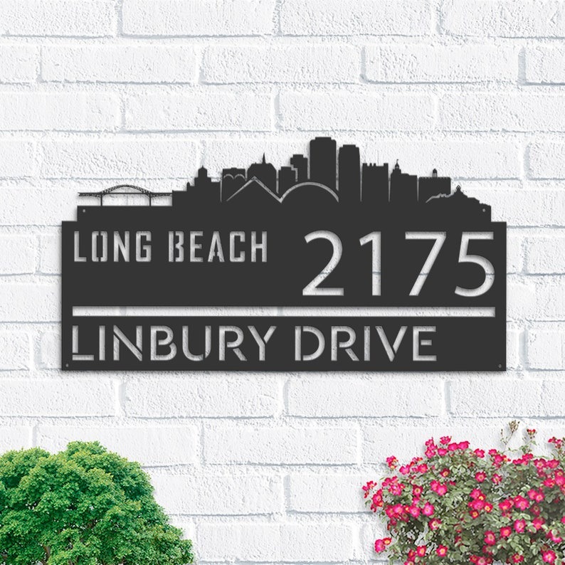Personalized Long Beach City Skyline Metal Address Sign House Number Plaque Realtor Closing Gift Custom Metal Sign1