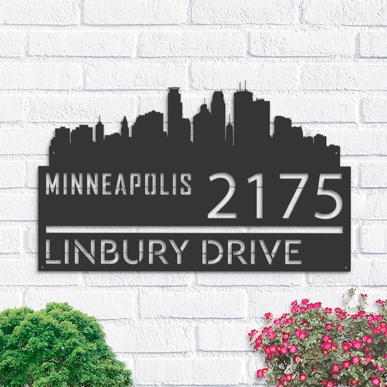 Personalized Minneapolis City Skyline Metal Address Sign House Number Plaque Realtor Closing Gift Custom Metal Sign1