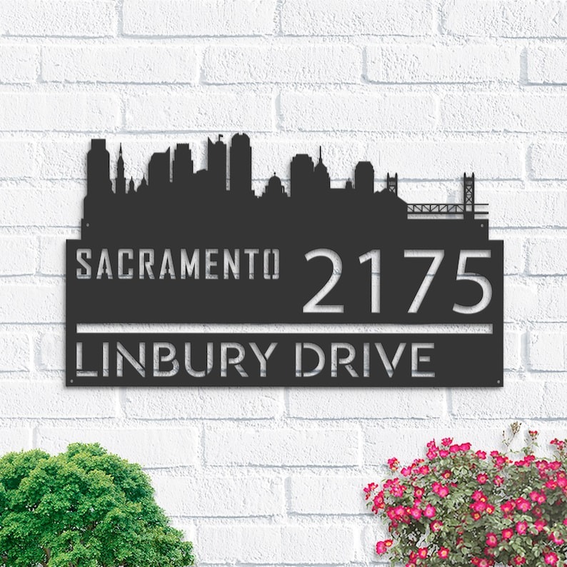 Personalized Sacramento City Skyline Metal Address Sign House Number Plaque Realtor Closing Gift Custom Metal Sign1
