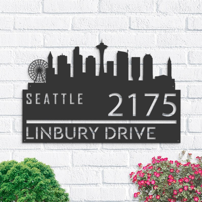 Personalized Seattle City Skyline Metal Address Sign House Number Plaque Realtor Closing Gift Custom Metal Sign1