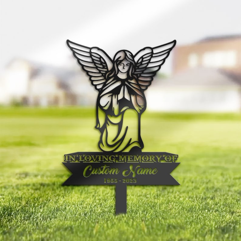 DINOZOZO Angel Mom Dad Grave Marker Memorial Sign with Stake Sympathy Gifts for Loss of Loved One Custom Metal Signs2