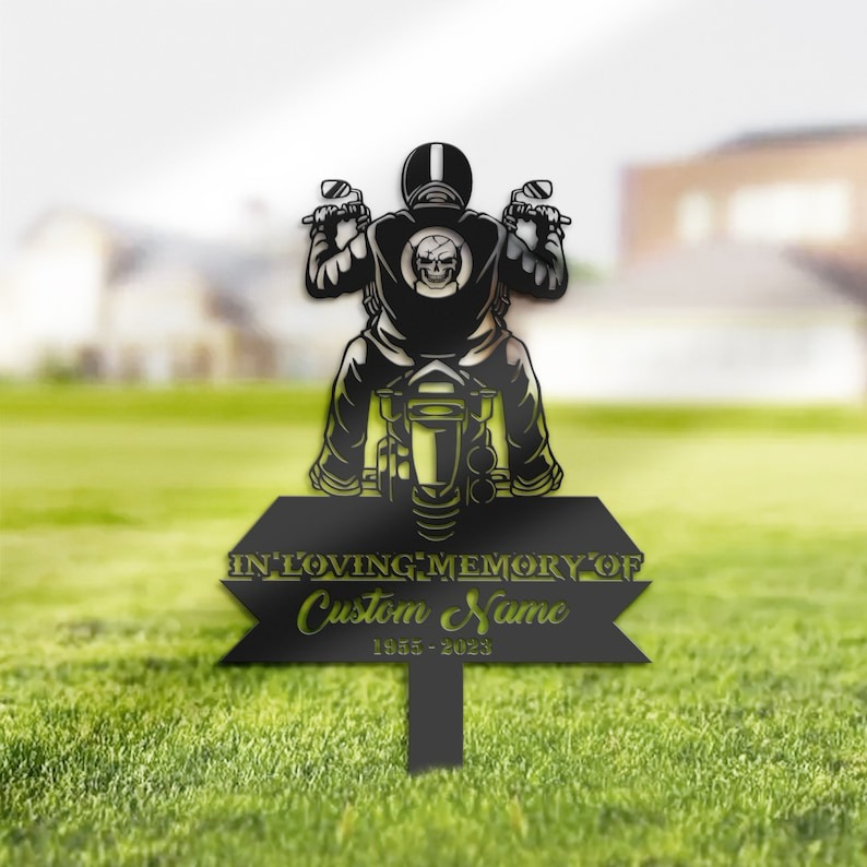 DINOZOZO Biker Motocycle Rider Grave Marker Memorial Sign with Stake Sympathy Gifts for Loss of Loved One Custom Metal Signs2