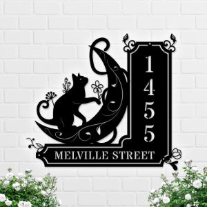 DINOZOZO Black Cat On The Moon Witch Address Sign House Number Plaque Custom Metal Signs2