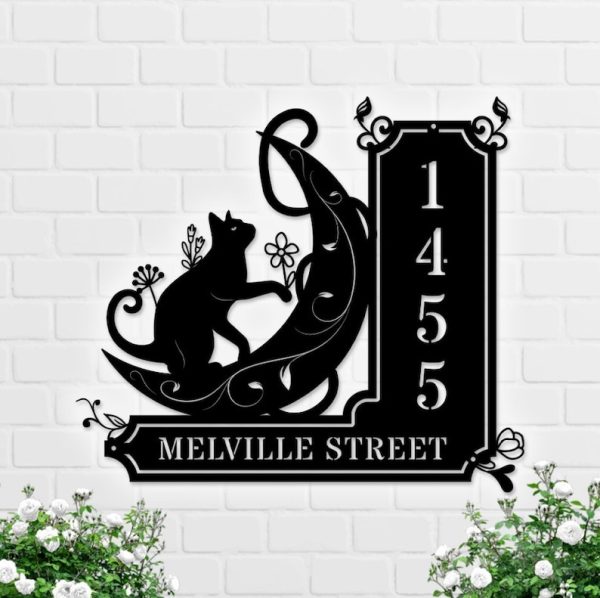 DINOZOZO Black Cat On The Moon Witch Address Sign House Number Plaque Custom Metal Signs