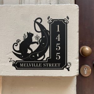 DINOZOZO Black Cat On The Moon Witch Address Sign House Number Plaque Custom Metal Signs3
