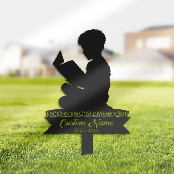 DINOZOZO Book Lover Boy Son Grave Marker Memorial Sign with Stake Sympathy Gifts for Loss of Loved One Custom Metal Signs