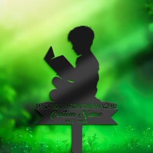 DINOZOZO Book Lover Boy Son Grave Marker Memorial Sign with Stake Sympathy Gifts for Loss of Loved One Custom Metal Signs3