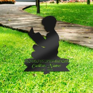 DINOZOZO Book Lover Boy Son Grave Marker Memorial Sign with Stake Sympathy Gifts for Loss of Loved One Custom Metal Signs4