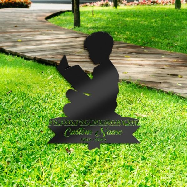 DINOZOZO Book Lover Boy Son Grave Marker Memorial Sign with Stake Sympathy Gifts for Loss of Loved One Custom Metal Signs