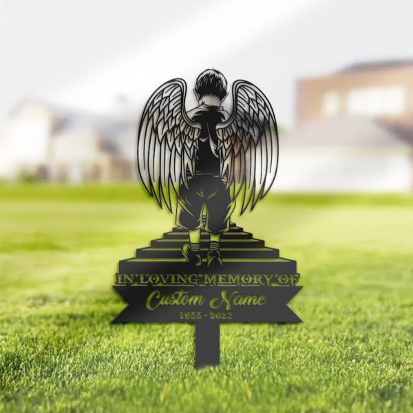 DINOZOZO Boy with Angel Wings Son Grave Marker Memorial Sign with Stake Sympathy Gifts for Loss of Loved One Custom Metal Signs