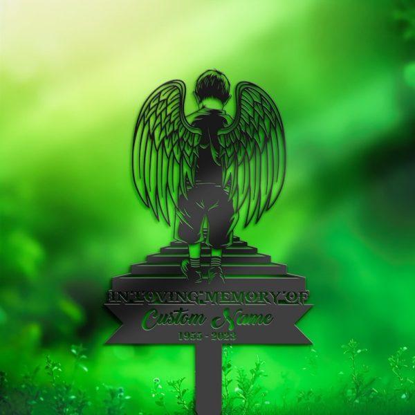 DINOZOZO Boy with Angel Wings Son Grave Marker Memorial Sign with Stake Sympathy Gifts for Loss of Loved One Custom Metal Signs
