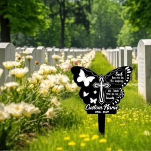DINOZOZO Butterfly Cross Mom Dad Grave Marker God Has You In His Keeping Memorial Stake Sympathy Gifts Custom Metal Signs2