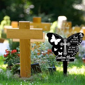 DINOZOZO Butterfly Cross Mom Dad Grave Marker God Has You In His Keeping Memorial Stake Sympathy Gifts Custom Metal Signs3