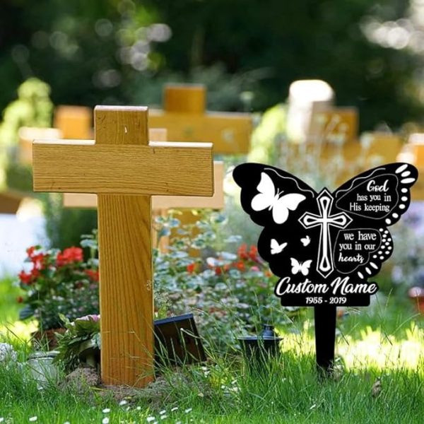 DINOZOZO Butterfly Cross Mom Dad Grave Marker God Has You In His Keeping Memorial Stake Sympathy Gifts Custom Metal Signs