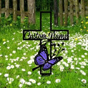 DINOZOZO Butterfly Cross Mom Dad Grave Marker Memorial Stake Sympathy Gifts Custom Metal Signs4