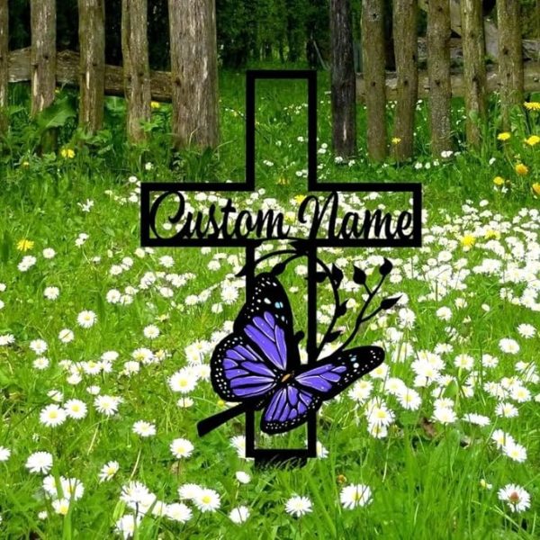 DINOZOZO Butterfly Cross Mom Dad Grave Marker Memorial Stake Sympathy Gifts Custom Metal Signs