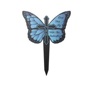 DINOZOZO Butterfly Cross Mom Dad Grave Marker Now You Fly with Butterflies Memorial Stake Sympathy Gifts Custom Metal Signs2