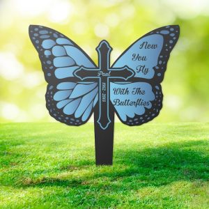 DINOZOZO Butterfly Cross Mom Dad Grave Marker Now You Fly with Butterflies Memorial Stake Sympathy Gifts Custom Metal Signs4
