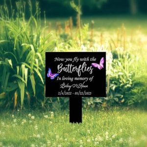 DINOZOZO Butterfly Mom Dad Grave Marker Fly with Butterflies Memorial Stake Sympathy Gifts Custom Metal Signs2