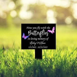 DINOZOZO Butterfly Mom Dad Grave Marker Fly with Butterflies Memorial Stake Sympathy Gifts Custom Metal Signs3