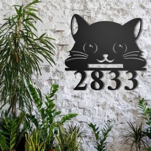 DINOZOZO Cat Welcome Address Sign House Number Plaque Custom Metal Signs