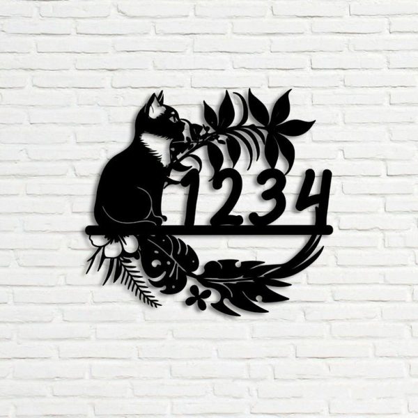 DINOZOZO Cat with Tropical Flower Address Sign House Number Plaque Custom Metal Signs