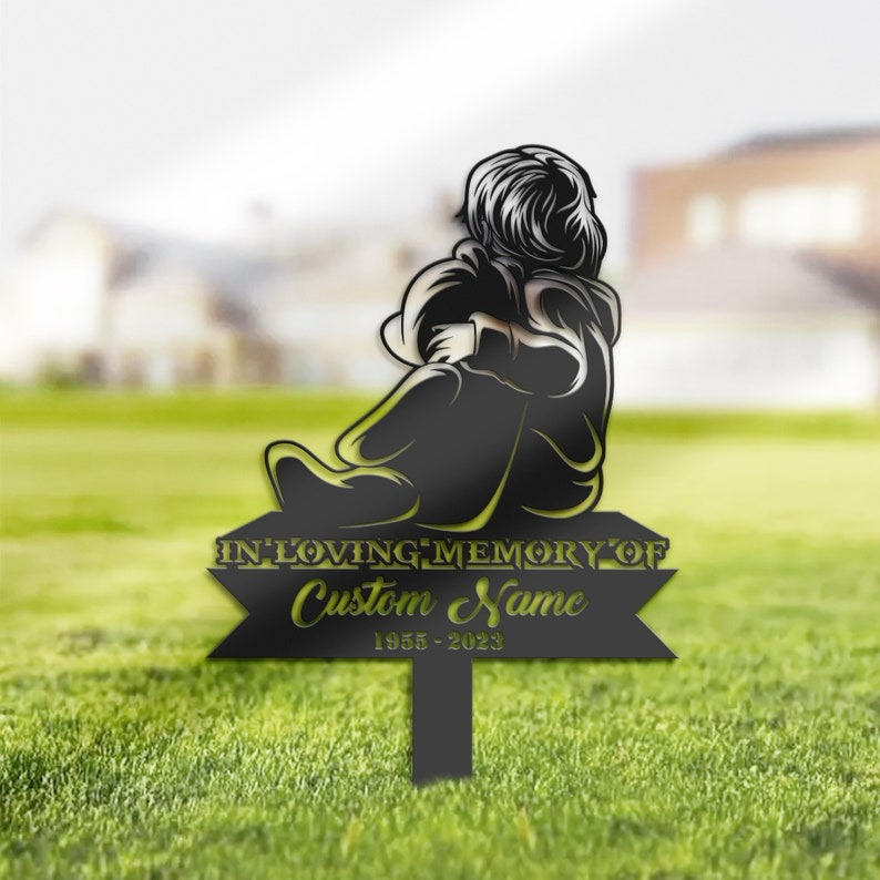 DINOZOZO Child Sitting with Teddy Bear Son Grave Marker Memorial Sign with Stake Sympathy Gifts for Loss of Loved One Custom Metal Signs2