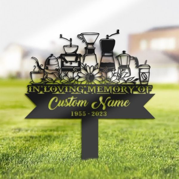 DINOZOZO Coffee Maker Coffee Lover Grave Marker Memorial Sign with Stake Sympathy Gifts for Loss of Loved One Custom Metal Signs