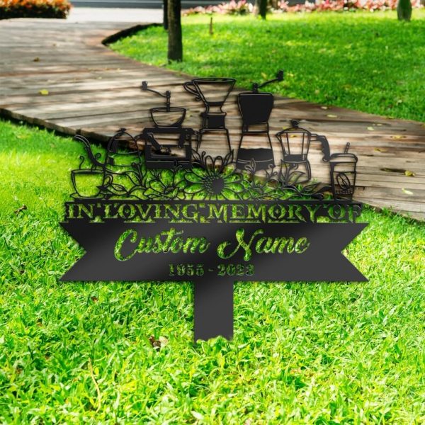 DINOZOZO Coffee Maker Coffee Lover Grave Marker Memorial Sign with Stake Sympathy Gifts for Loss of Loved One Custom Metal Signs