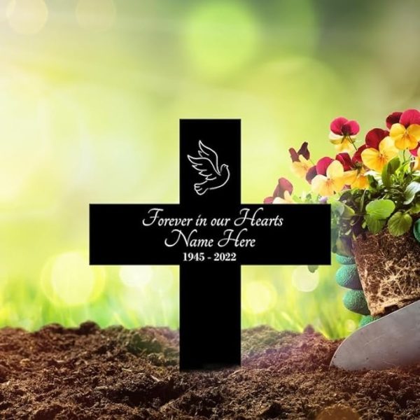 DINOZOZO Cross Dove Mom Dad Grave Marker Forever in Our Heart Memorial Stake Sympathy Gifts Custom Metal Signs