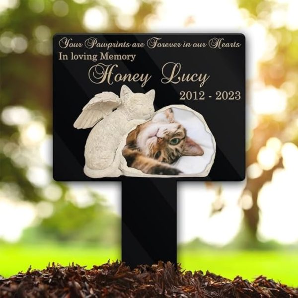 DINOZOZO Custom Cat Photo Your Pawprints Are Forever In Our Hearts Cat Grave Marker Garden Stakes Cat Memorial Gift Custom Metal Signs